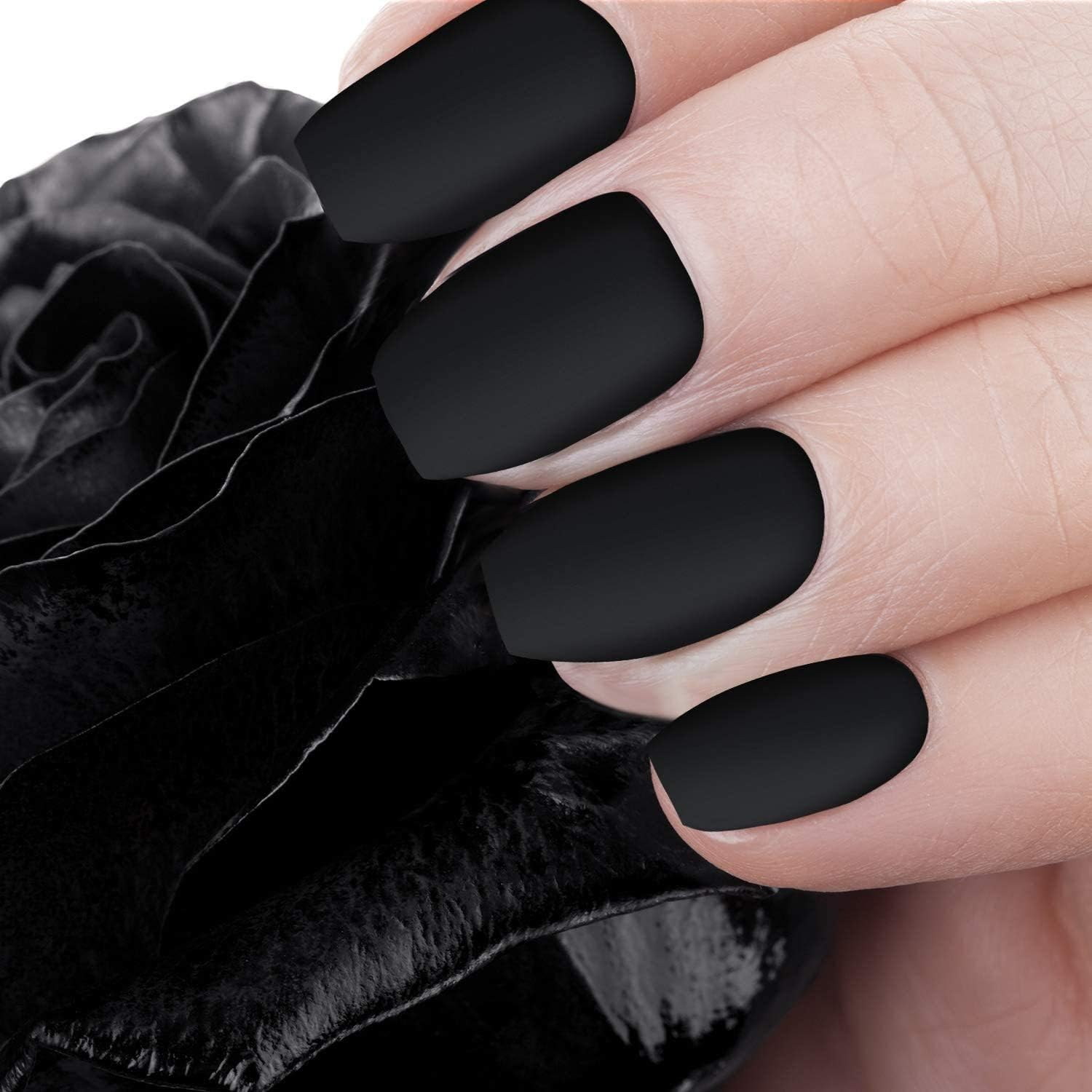 48Pcs Black Matte False Nails Full Cover Coffin Fake Nail Tips for Women Hands Manicure Decoration image number 3