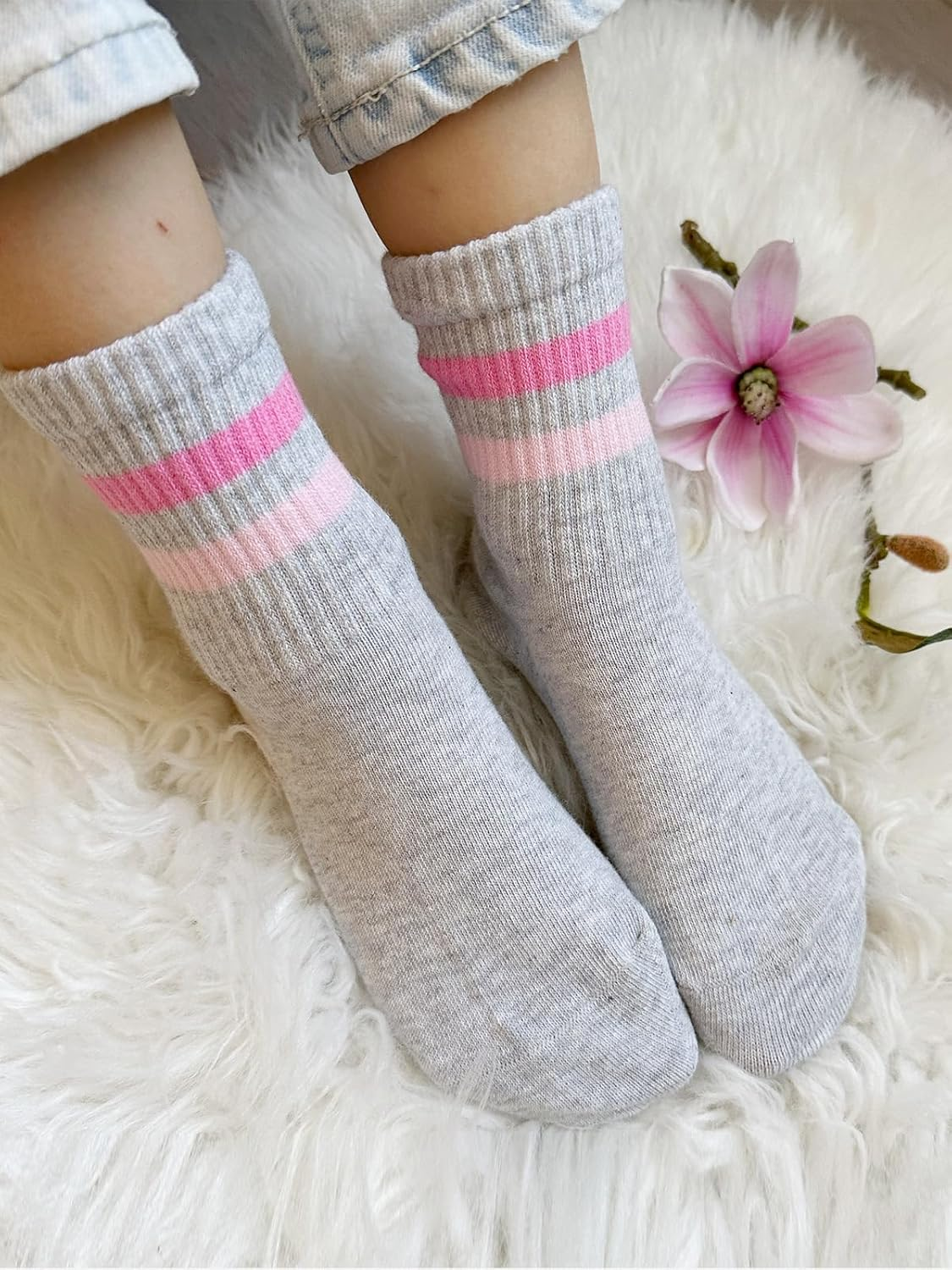 COTTON DAY Kids Girls Pink White Crew Athletic Socks with Retro Stripes Hearts image number 2