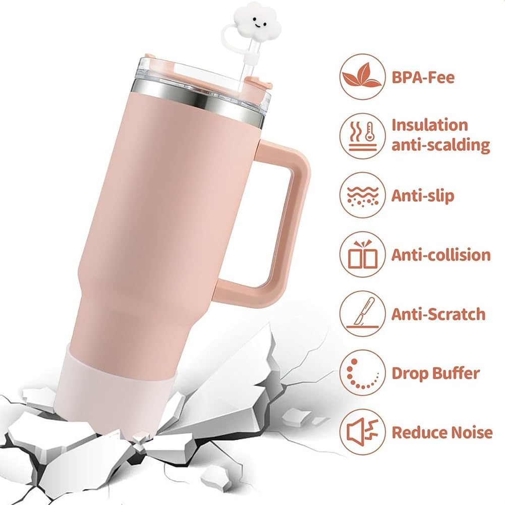 Spill Stoppers Set for Stanley Cup Accessories 7 Pcs Silicone Set Including 4 Pcs 10 Mm Straw Cover Cap 2 Pcs Leak Stoppers 1 Pcs Protective Boot for Stanley 20Oz 30Oz 40Oz Tumbler (White) - Pink image number 5