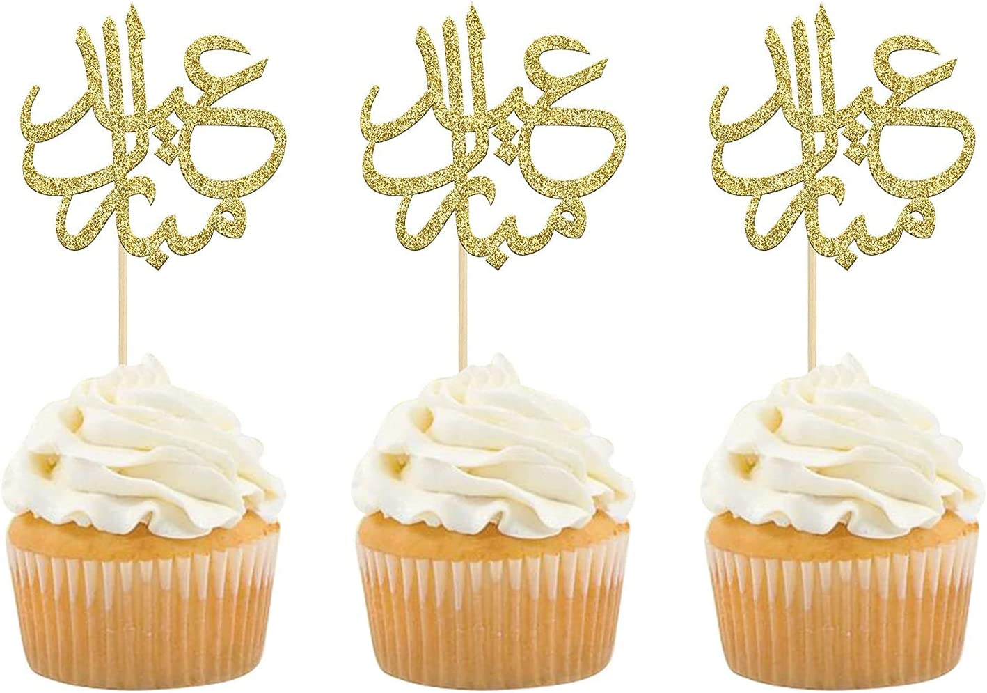 Confetti! 24Pcs Gold Glitter Eid Mubarak Cupcake Toppers Arabic Happy Eid Ramadan Kareem Cake Decorations Islamic Muslim Party Supplies Decorations image number 3