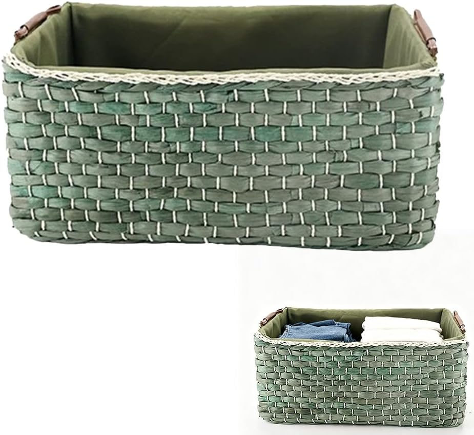 Shukitechi Woven Storage Basket for Drawers, Large Green Corn Fiber Basket, Multi-Purpose Shelf Organization Basket for Home, Bedroom, Kitchen, Office