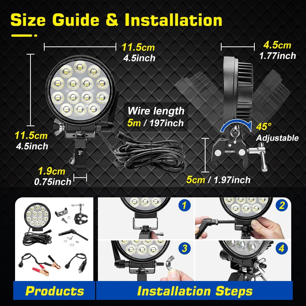 Portable LED Boat Spotlight with Mounting Clamp, 2 Way Power Super Bright LED Work Light 12V Marine Spot Lights for Boats Fishing, Battery Clamps/Cigarette Lighter Power Headlights for Camp Truck RV image number 4