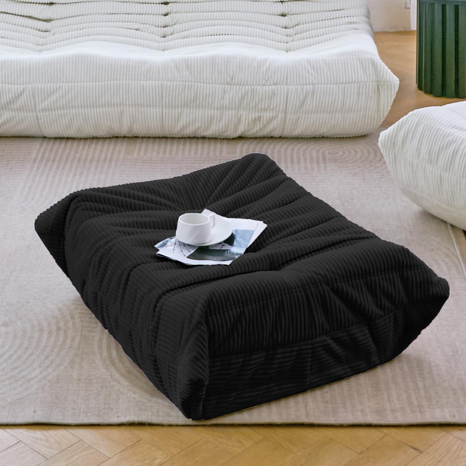 N&V Ottoman for Fireside Chair and Sofa, Soft Premium Corduroy Ottoman, Foam Ottoman for Accent Chair, Living Room Bedroom (Black)