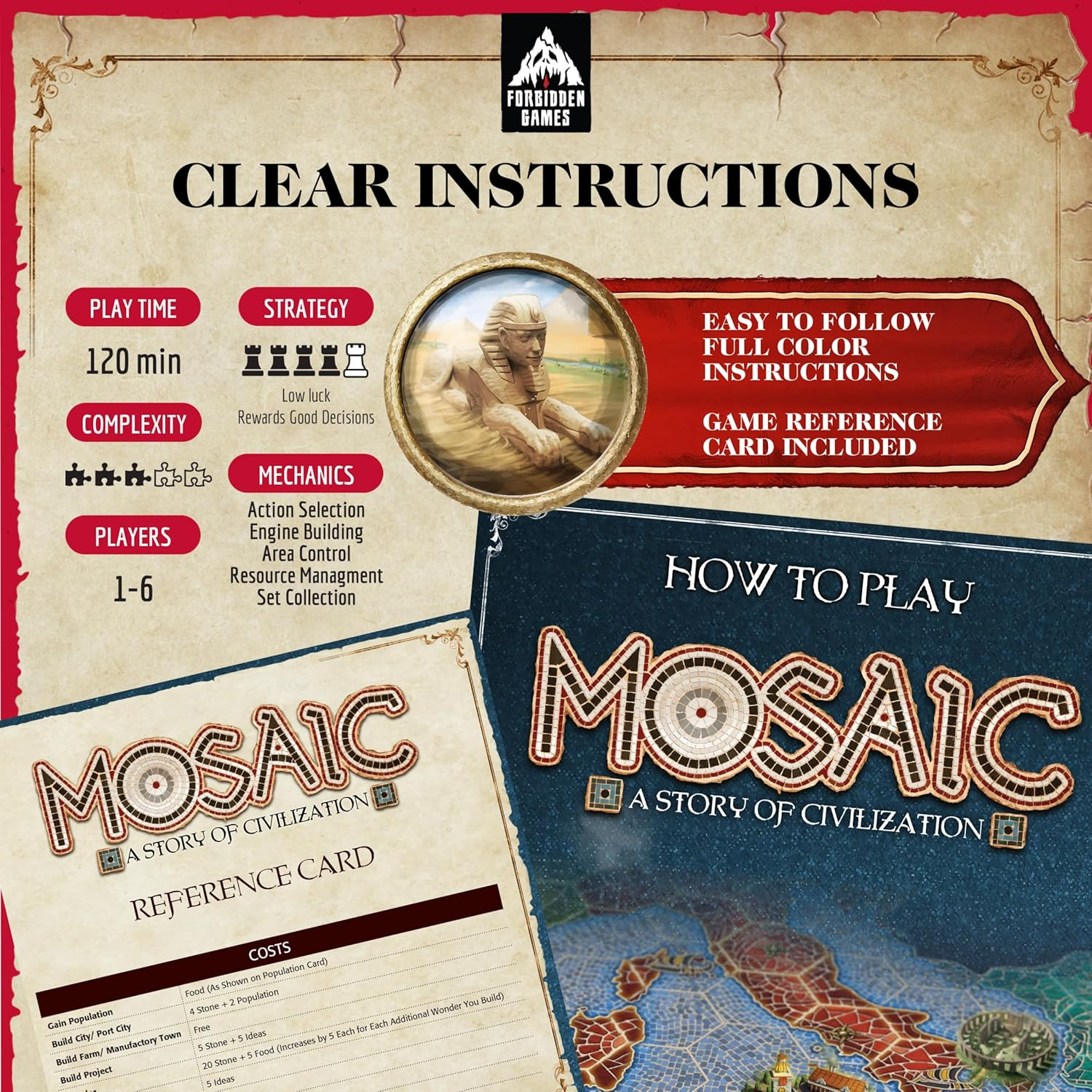 Mosaic: a Story of Civilization - Strategy Board Game for Adults and Family | Fast, Fun, Action-Selection and Area Control Game | 2-6 Players | Ages 14 and up | 120 Minutes | by Forbidden Games
