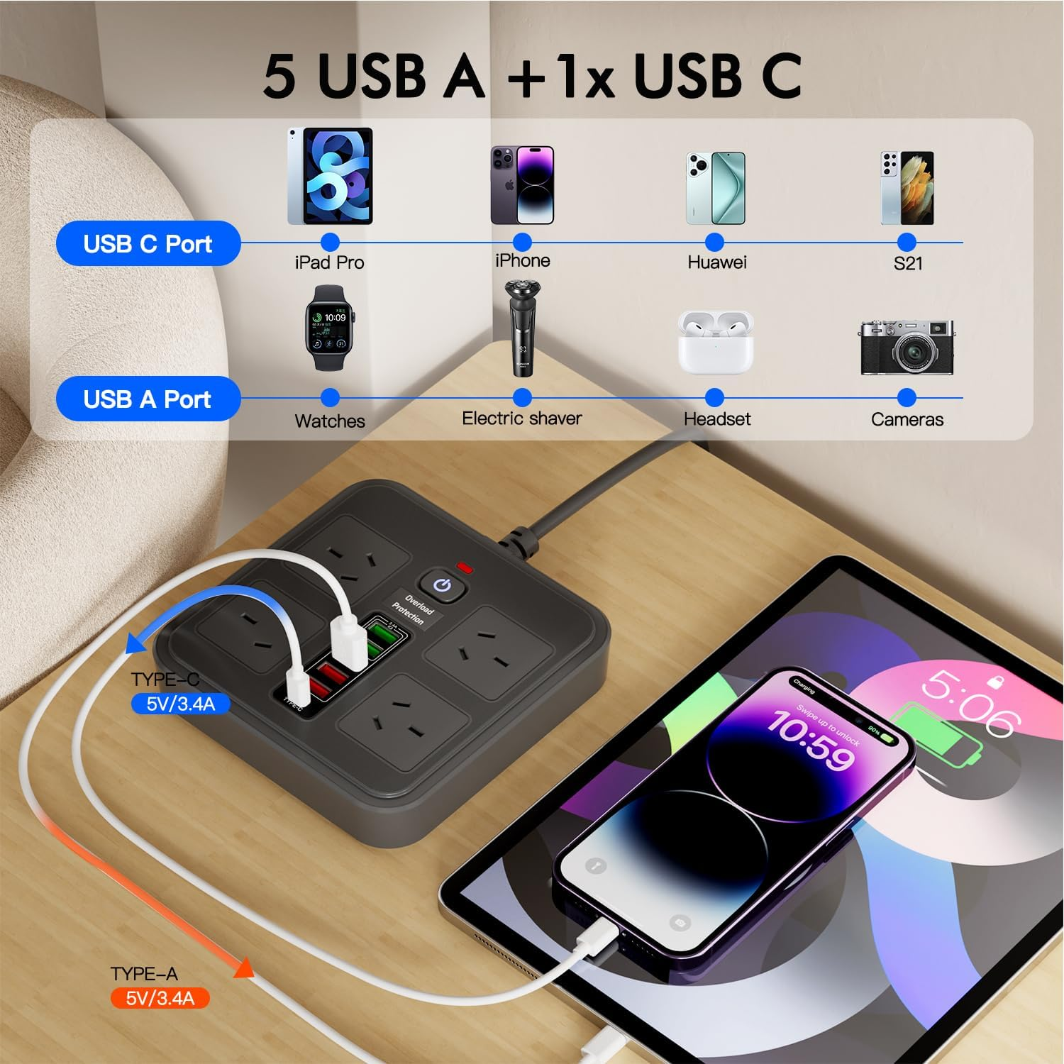 Lvpradior 10-In-1 Power Board with 4 AC Outlets & 6 USB Ports (5 USB-A + 1 USB-C) &ndash; 2500W Surge Protector, 1.8M Extension Cord, Wall Mountable for Home Office, Kitchen & Gaming(Black) - Black image number 2