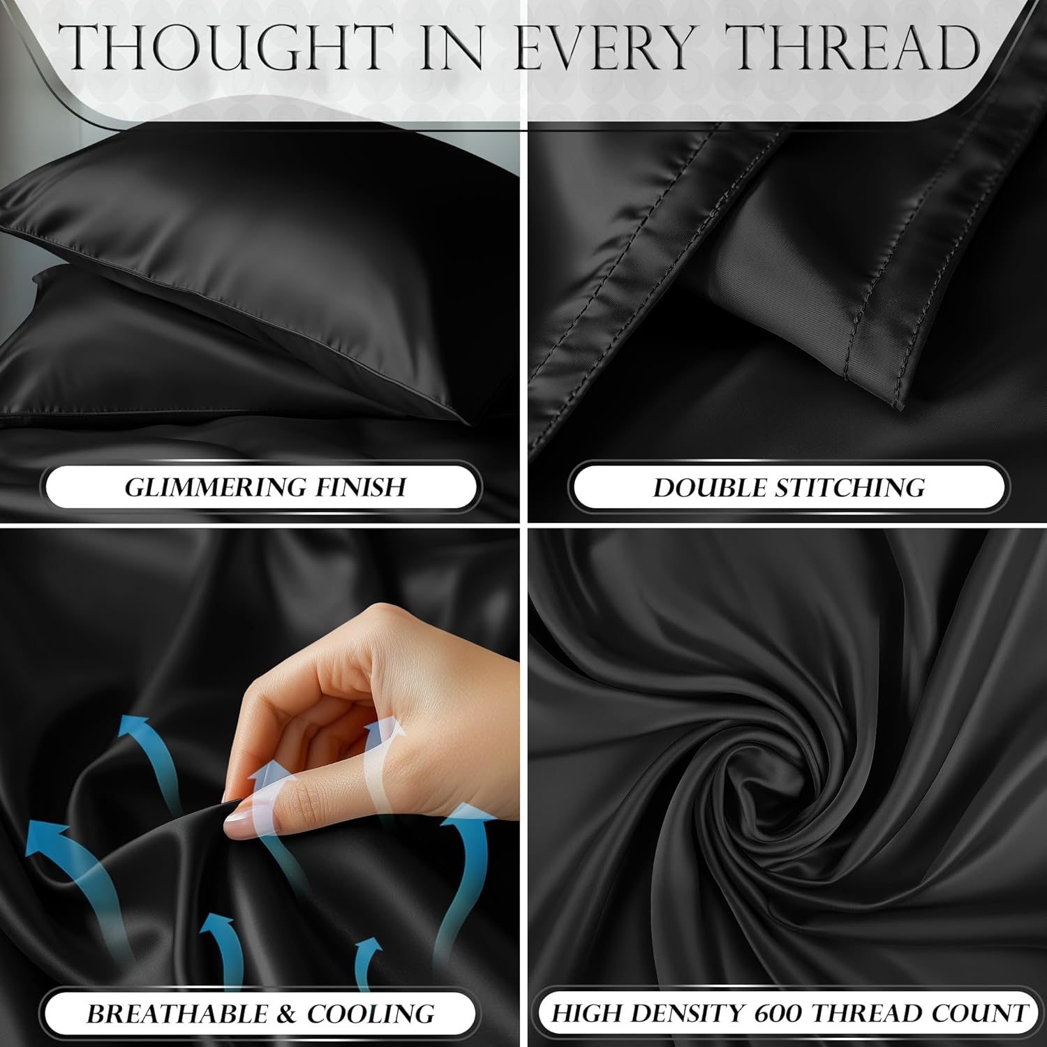 DECOLURE Satin Sheets, Silky Satin Sheet Set, Satin Bed Sheets Queen Set, (Queen Size) Black image number 2