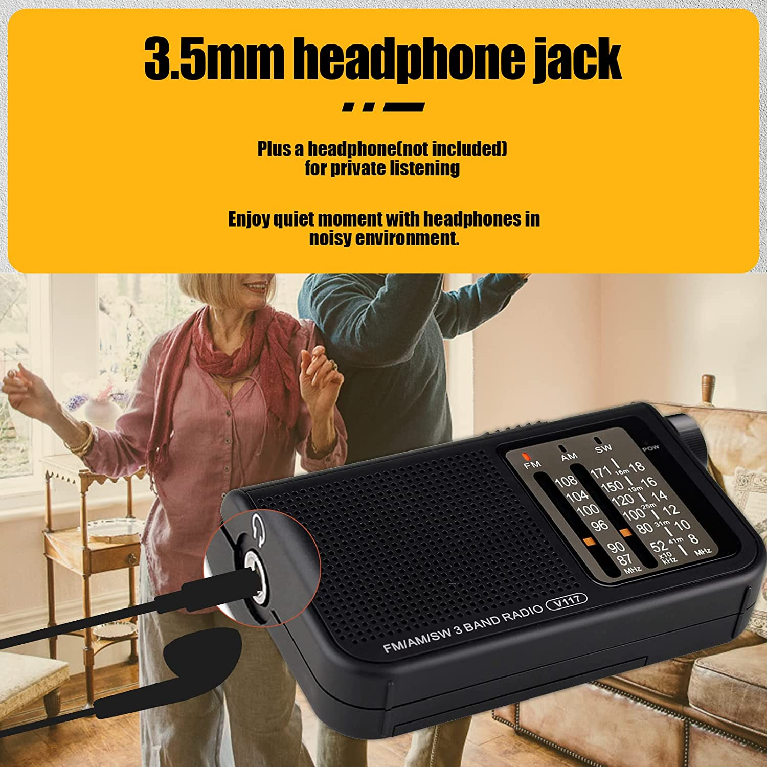 Retekess V-117 Portable AM FM Radio with Shortwave Battery Powered Transistor 3.5Mm Headphone Jack Speaker Small Compact Pocket Radios(Black) image number 1