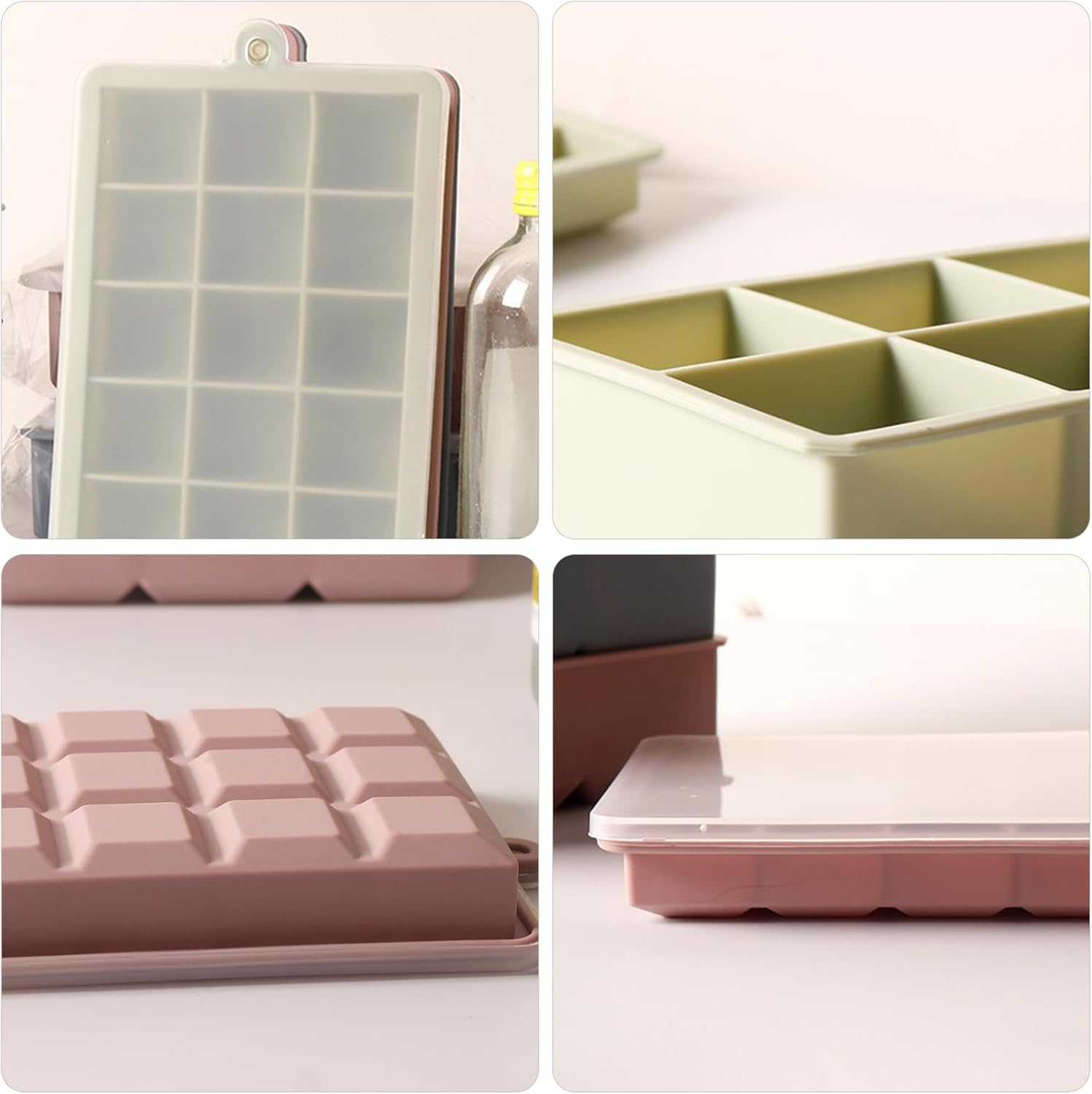 Silicone Ice Cube Tray with Lid, 3 Pack 45 Cubes, BPA Free Reusable Molds for Whiskey, Cocktail & Baby Food (Blue, Pink, Green) image number 3