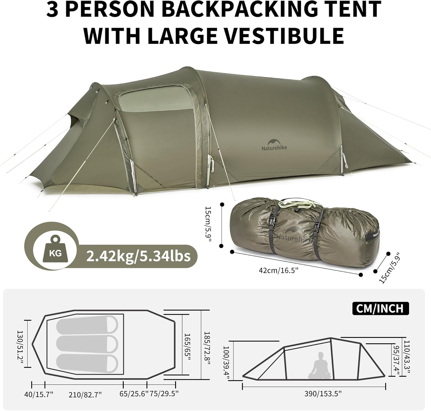 Naturehike Opalus UL Tunnel Tent, Upgraded Lightweight 15D Nylon 2/3 Person Camping Tent, 4 Season Camping Tent (Olive Green) image number 6
