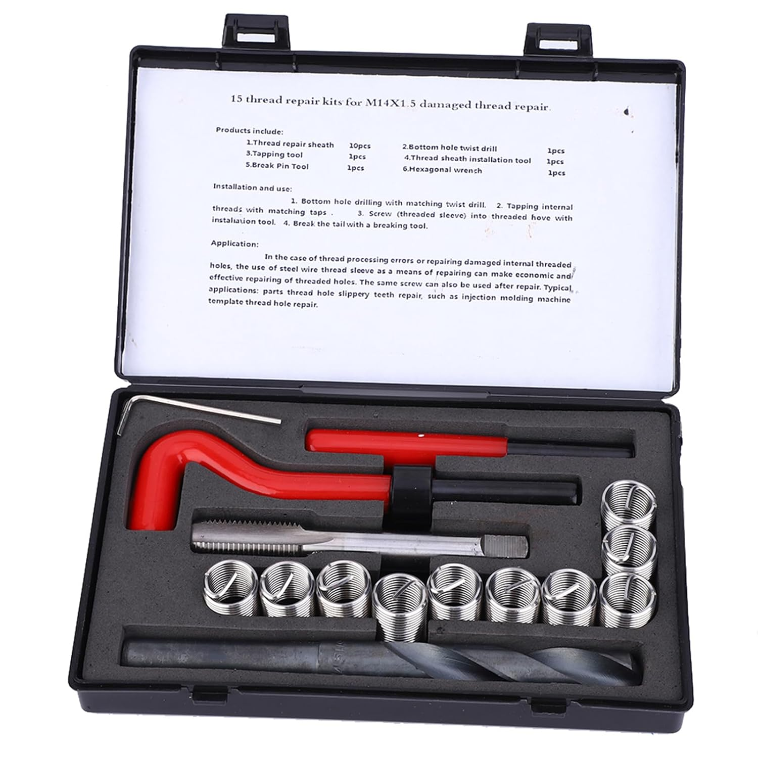 Thread Repair Tool Kit M14X1.5 15 Pcs Stainless Steel Female Thread Inserts, for Threaded Hole, Repair of Automotive Parts, Air Separation Equipment, Radiators image number 4
