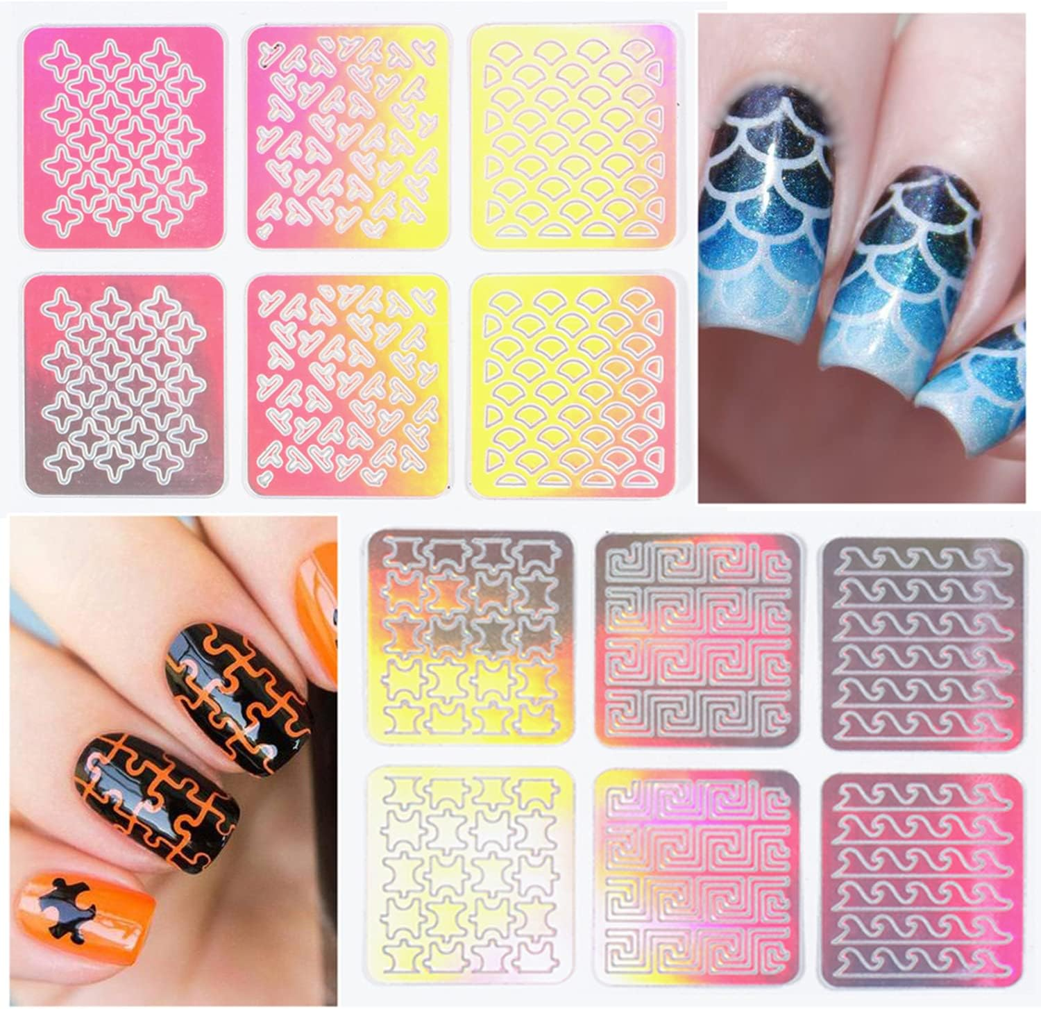 24 Sheets Laser Nail Art Stickers, Holographic Glitter Nail Art Decals Design Flowers Leaf Heart Line Nail Supplies for Women Manicure Tips Decoration Nail Painting Nail Powder Styling Decoration image number 3