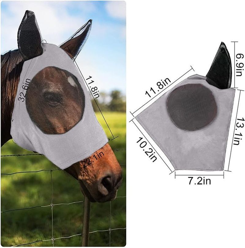 Horse Fly Mask with Ears - Breathable Mesh and UV Protection，Anti Insect Bite and UV Resistant Washable Face Mask (Grey, One Size) image number 4
