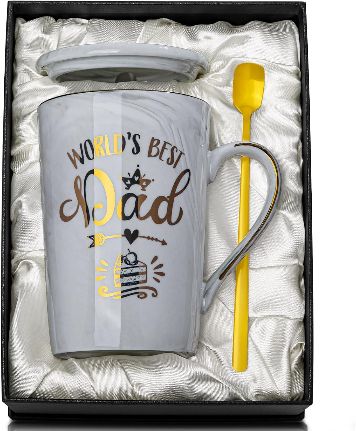Fathers Day Gift from Daughter Son - World'S Best Dad - Daddy Mug Printed with Gold, Funny Dad Birthday Gifts Present for Dad, 14Oz Grey Ceramic Coffee Cup with Lid, Spoon, Greeting Card, Gift Boxed image number 3