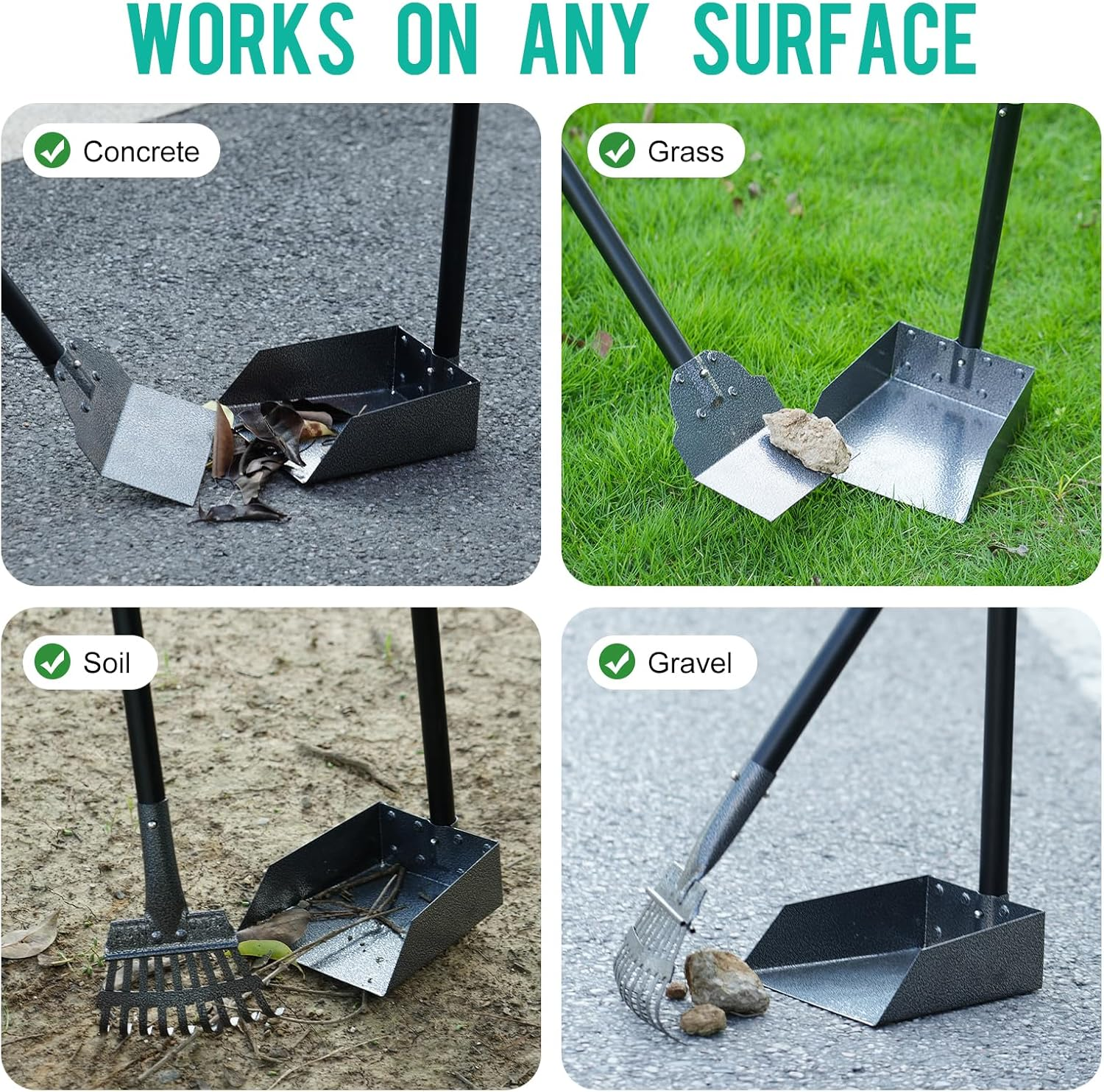 Stainless Steel Dog Pooper Scooper Set 3 in 1 - Rake, Shovel & Tray with 95Cm Adjustable Long Handle - No Bend Dog Poop Scoop for Grass, Yard & Gravel - Heavy Duty Rustproof Cleaning Kit