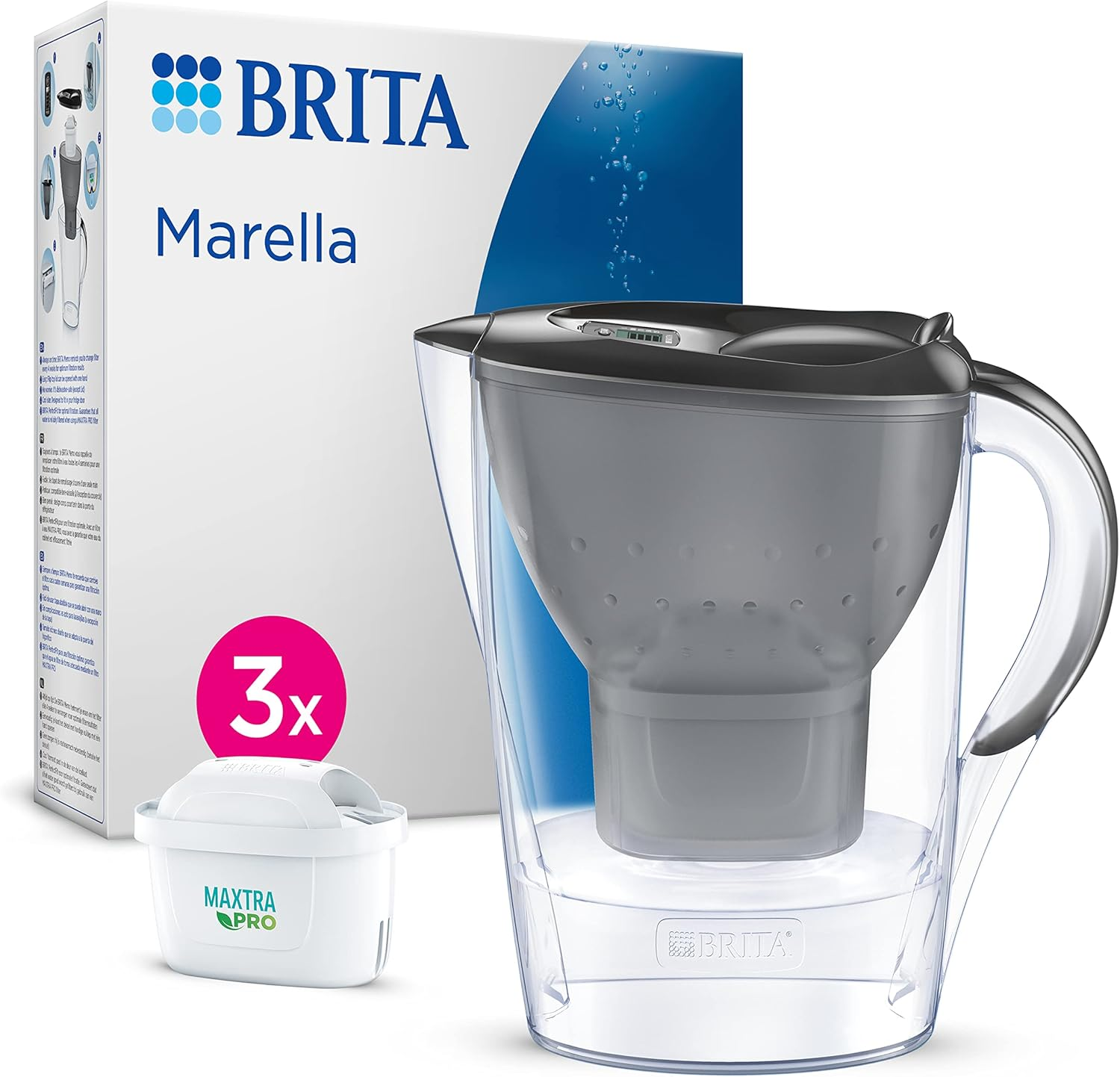 BRITA Marella Water Filter Jug Graphite (2.4L) Starter Pack Incl. 3X MAXTRA PRO Pure Performance Cartridge - Fridge-Fitting Jug with Digital LTI and Flip-Lid - Now in Sustainable Smart Box Packaging image number 2