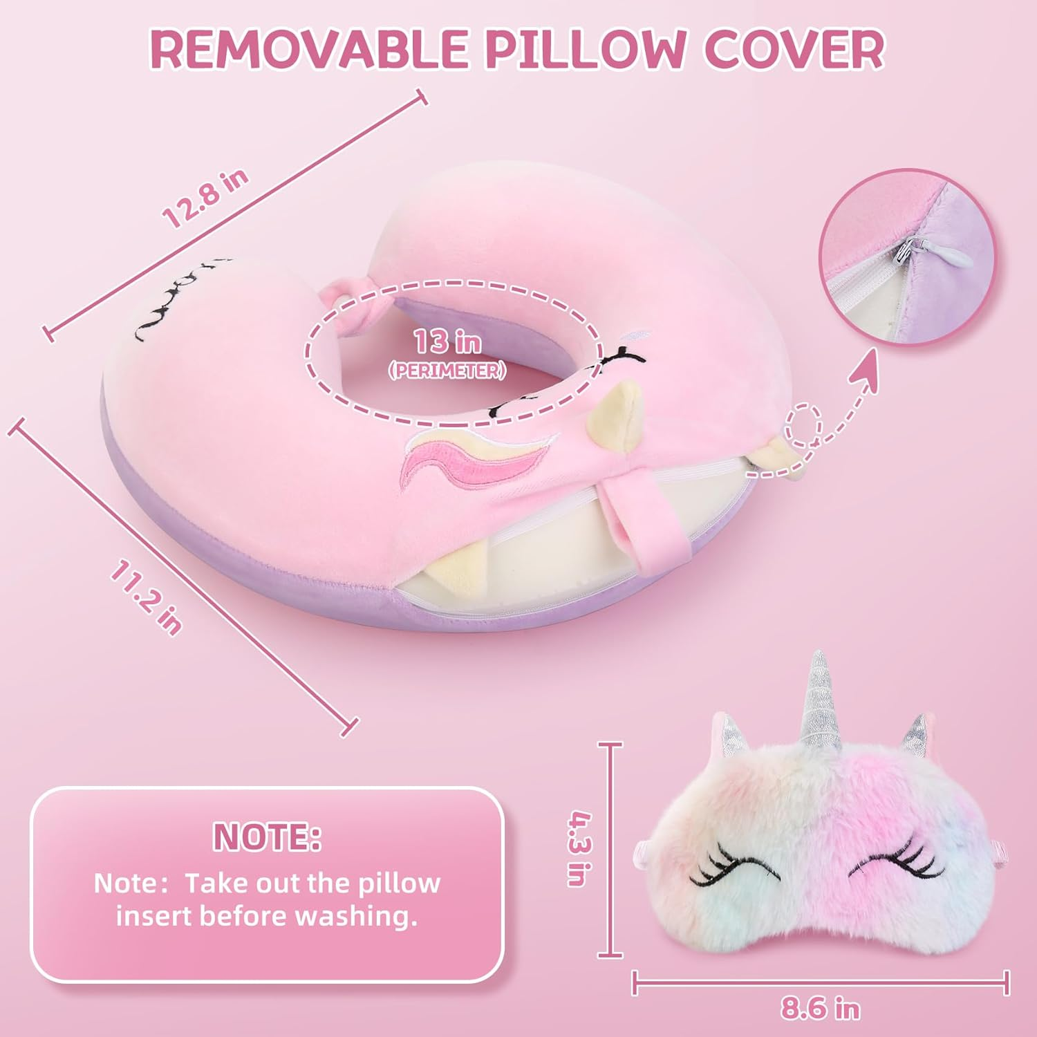 Kids Travel Pillow,Unicorn Toddler Neck Pillow for Kids Traveling with Eye Mask,U-Shaped Airplane Flight Car Head Neck Support Memory Foam Pillow for Adults,Gifts for Children,Boys,Girls (Pink) image number 2