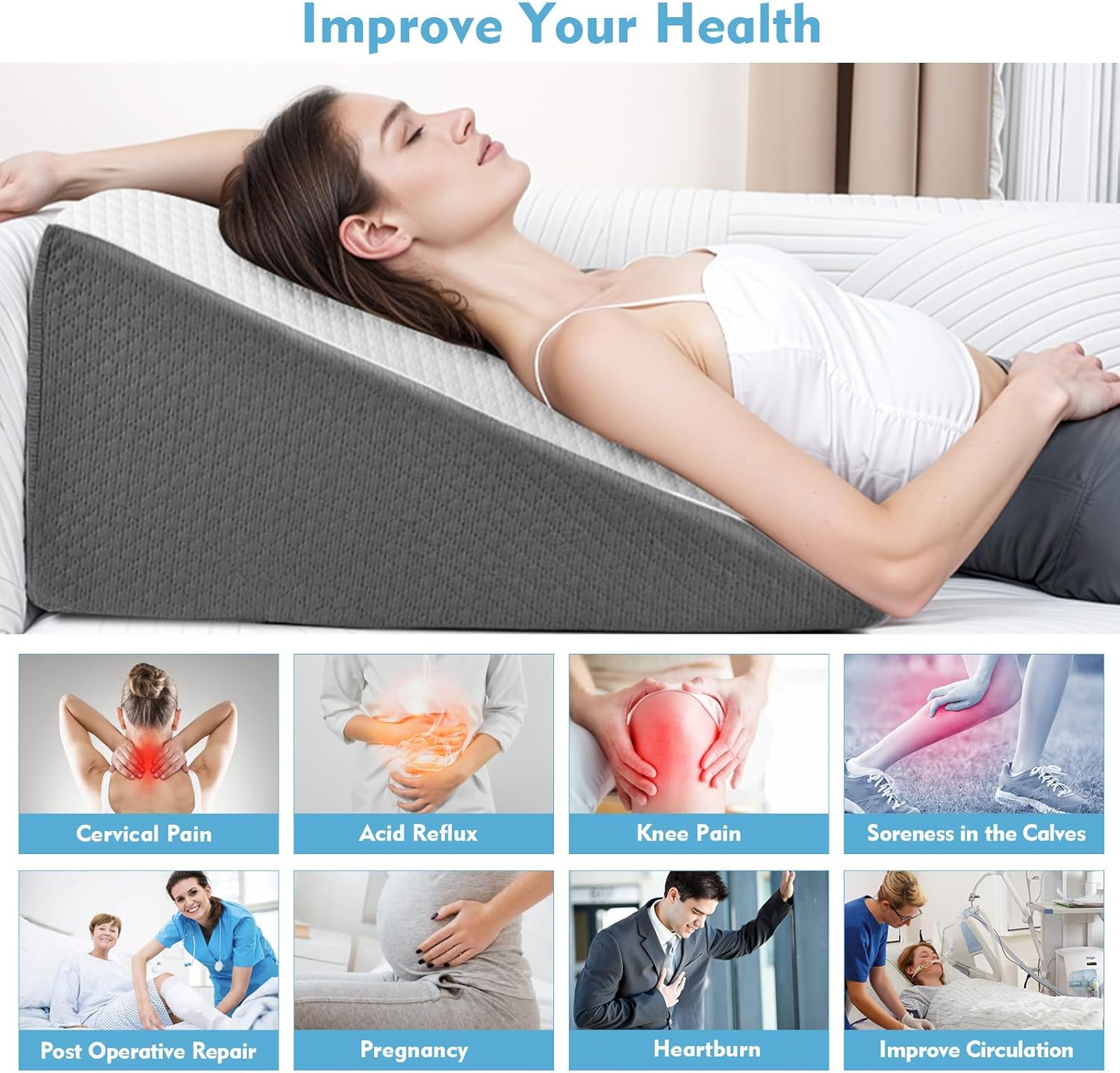 Wedge Pillow for Sleep Apnea, Bed Wedge Pillow for Headboard, Headboard Triangle Pillow Wedge for Acid Reflux, after Surgery, Snoring, Cooling Memory Foam Top, Removable Cover, 24X24X12Inch image number 4