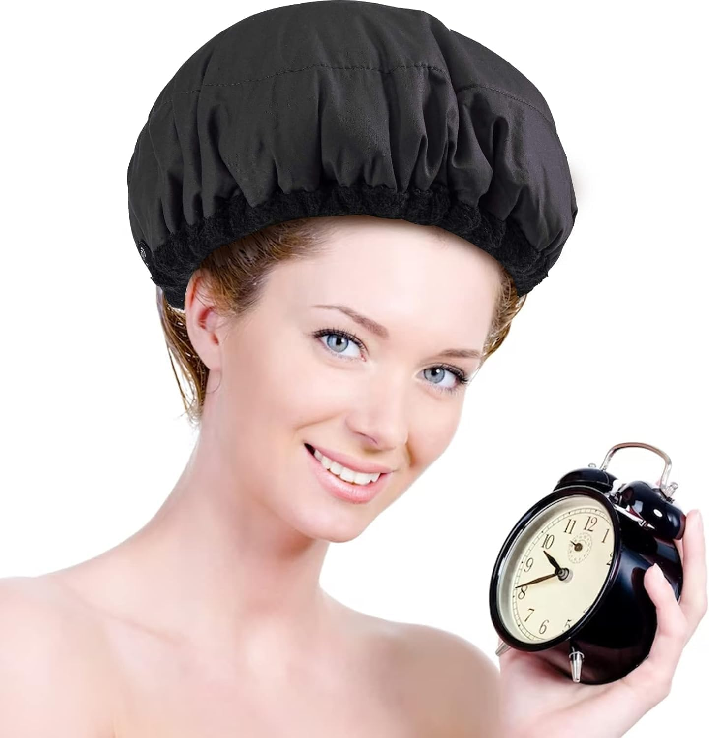 Shower Cap,Terry Lined Shower Cap for Women Reusable, Triple Layer Waterproof Bath Cap, Extra Large for Women Long Hair (Black, One Size) image number 6