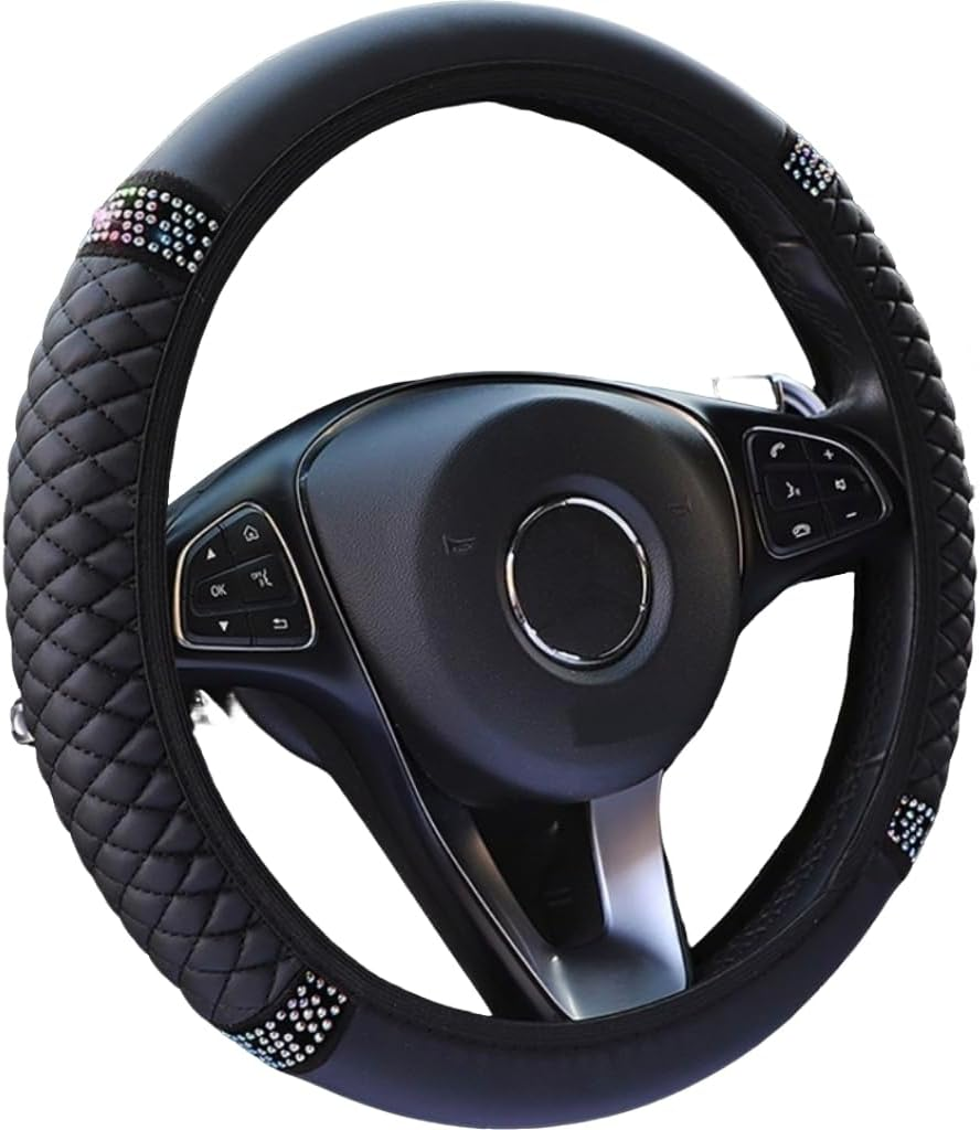 Bling Soft Leather Steering Wheel Cover,Colorful Rhinestones Auto Steering Wheel Protector, Car Accessories for Most Cars (Black, One Size) image number 1