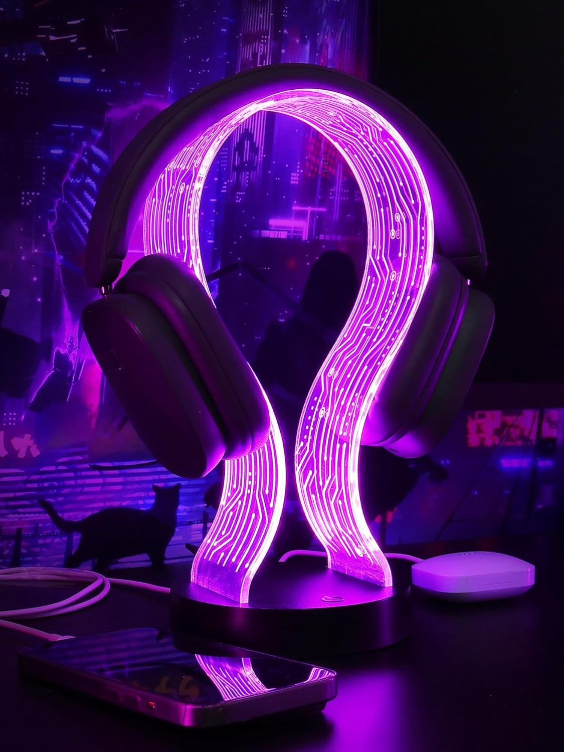 Light up Headphone Stand with 16 Color Lights, PCB Pattern Acrylic Headset Stand with 1 USB and 1 Type-C Charging Ports, Gifts for Gamers Men and Music Lovers image number 4
