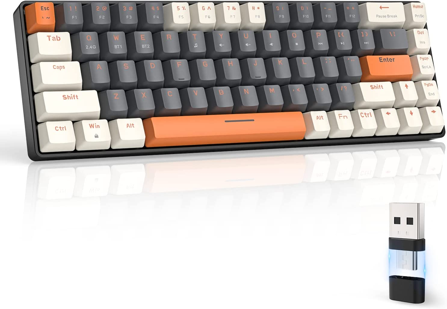 ZIYOU LANG RK68 60% Wireless Mechanical Keyboard, Bluetooth 5.0/2.4Ghz Dual Mode 2-In-1 USB-C Receiver Mini Mechanical Keyboard, Hot Swappable Red Switch Gaming Keyboard for Pc/Mac/Laptops