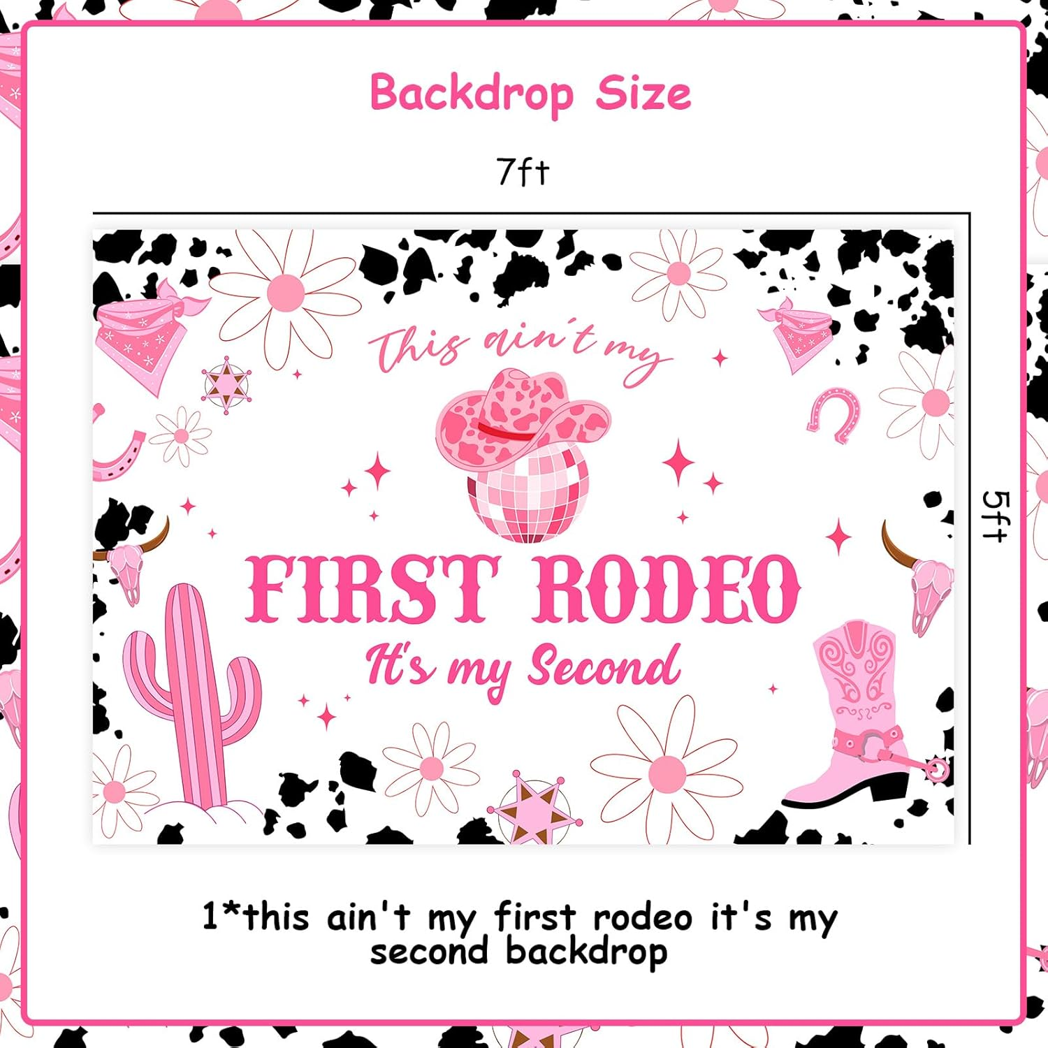 Wonmelody 7 * 5Ft Disco Cowgirl Party Decor Backdrop This Ain'T My First Rodeo It'S My Second Decor Cowgirl 2Nd Birthday Decor Space Cowgirl Disco Ball Boots Daisy Backdrop for Wild West 2Nd Birthday image number 5