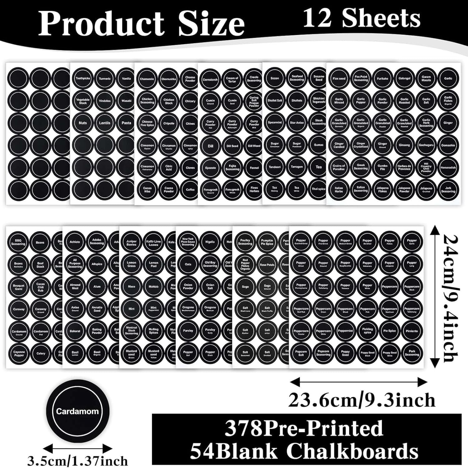 JCZD 432 PCS Spice Labels Stickers, 3.5Cm Spice Labels for Kitchen, Waterproof Adhesive round Preprinted Spice and Blank Labels for Jars, Caps, Food Containers, Spice Organizers (Black) image number 2