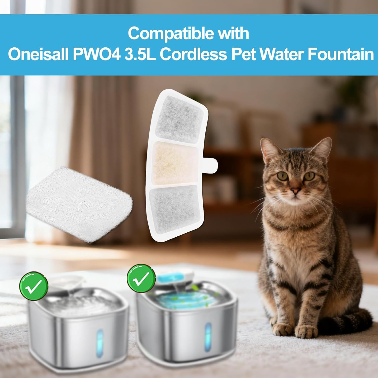 18Pcs Cat Water Fountain Filters for Hard Water, with Filter Cottons Reduces Limescale & Bad Smell Compatible with Oneisall PW04 3.5L Wireless Pet Fountain Long Lasting Filter Cartridges