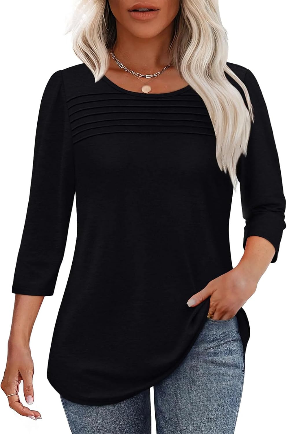 2025 Women'S 3/4 Length Sleeve Top Pleated Front T-Shirt, Curved Hem Casual Shirt for Work & Weekend,Dressy Casual for Women'S