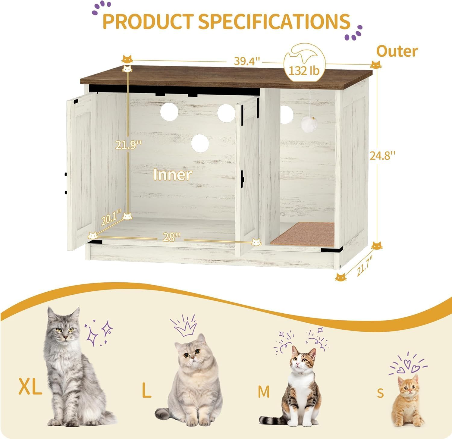 Hzuaneri Cat Litter Box Enclosure, Hidden Litter Box Cabinet Furniture with Bell, Indoor Cats House, Farmhouse Style, 39.4 X 21.7X 24.8 Inches for Hallway, Bedroom, Rustic Brown and White CB85214X image number 6