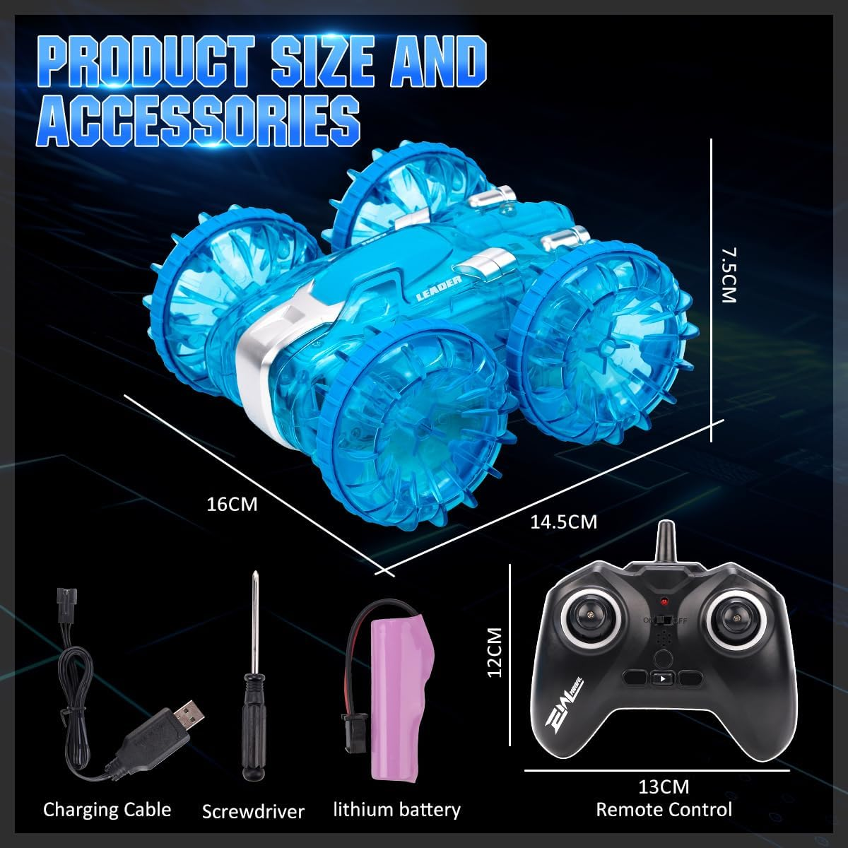 Toys for 4-8-12 Year Old Boys Amphibious Remote Control Car Boat with LED Lights 4WD RC Car for Kids 2.4Ghz All Terrain Off-Road RC Stunt Car, Waterproof Pool Beach RC Vehicle Toy for Boys Girls-Blue image number 1