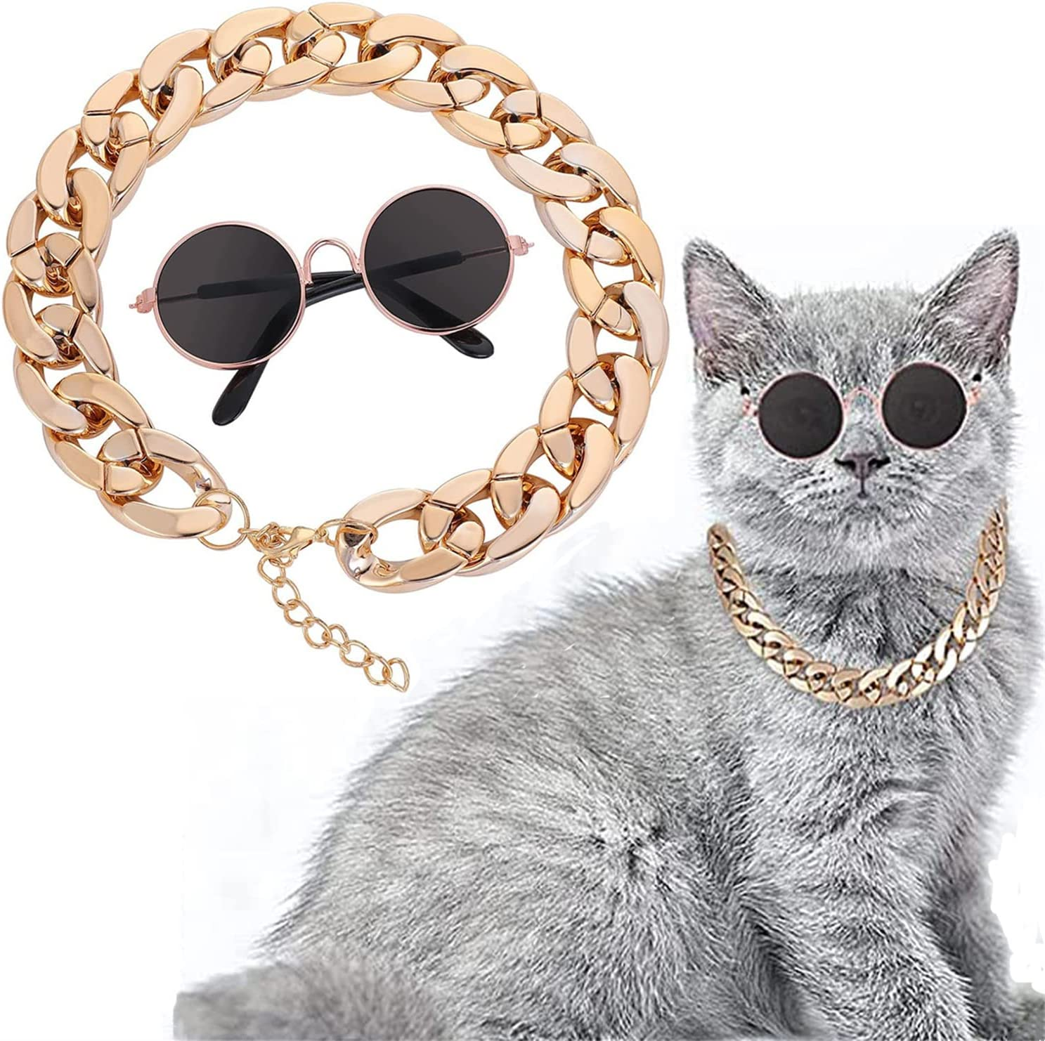 Classic Retro Funny Cosplay Gift, for Pet Cat Puppy Small Dog Birthday Cosplay Party Photoshoot - Gold Dog Collar Dog Sunglasses (2 Pcs)