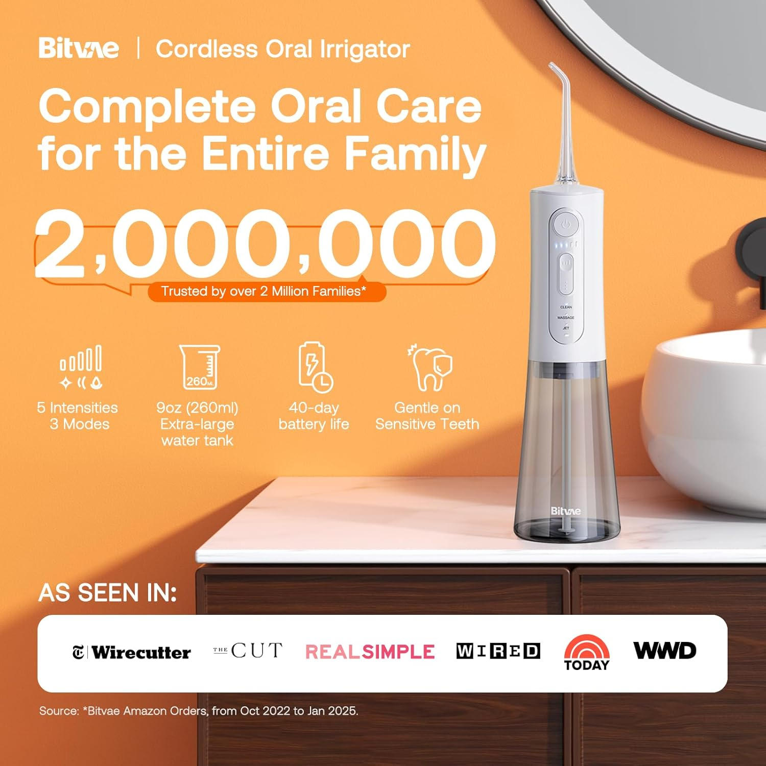 Bitvae Professional Water Dental Flosser for Teeth Cordless, Rechargeable Water Dental Picks with 3 Modes & 5 Intensities, 40-Day Battery Life, IPX7 Waterproof, Portable for Travel, White image number 2