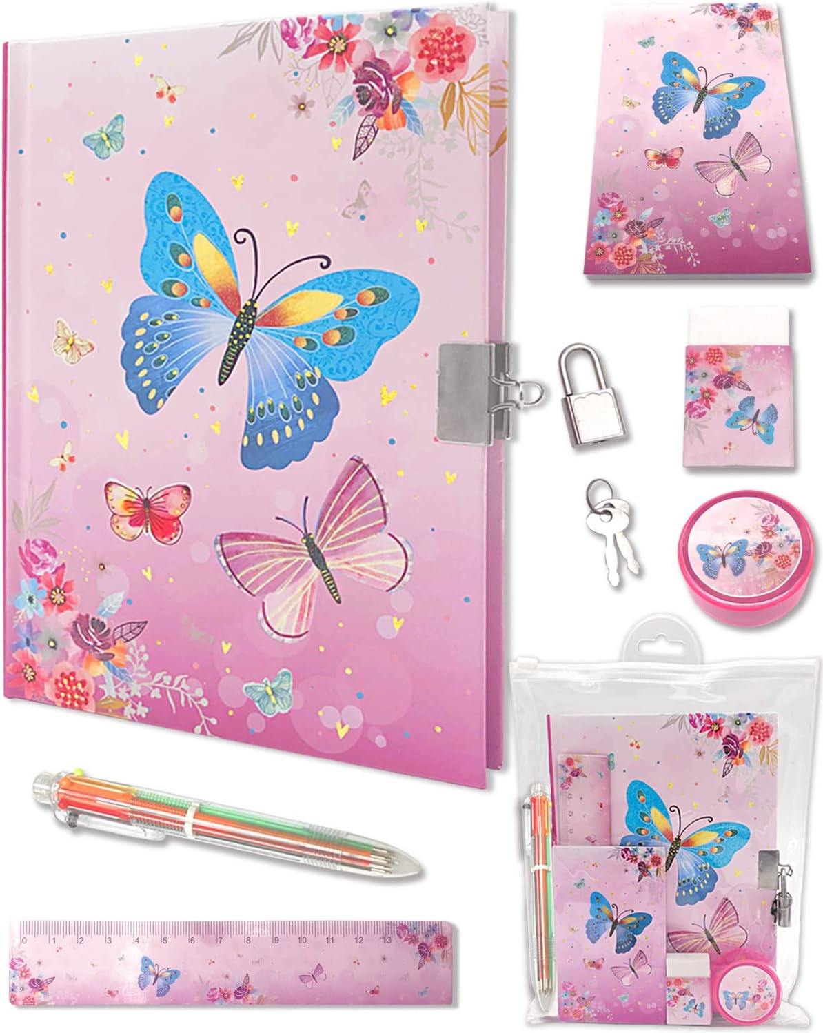 Set of Girls Diary with Lock, Butterfly Kids Journal Pen Set Includes 7.1X5.3 Inches Pink Girls Notebook Memo Pad Ruler 6 Multicolored Pen Sharpener Eraser Stationary Kit Gifts for Girls 6-10 Year