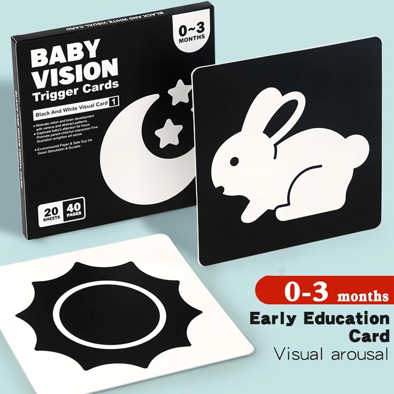 20PCS 40 Pictures Infant Contrast Baby Flash Cards for Visual Stimulation, Double-Sided Infant Flash Cards Black and White Newborn Brain Development Cards, for Babies Toddlers 0-3Months