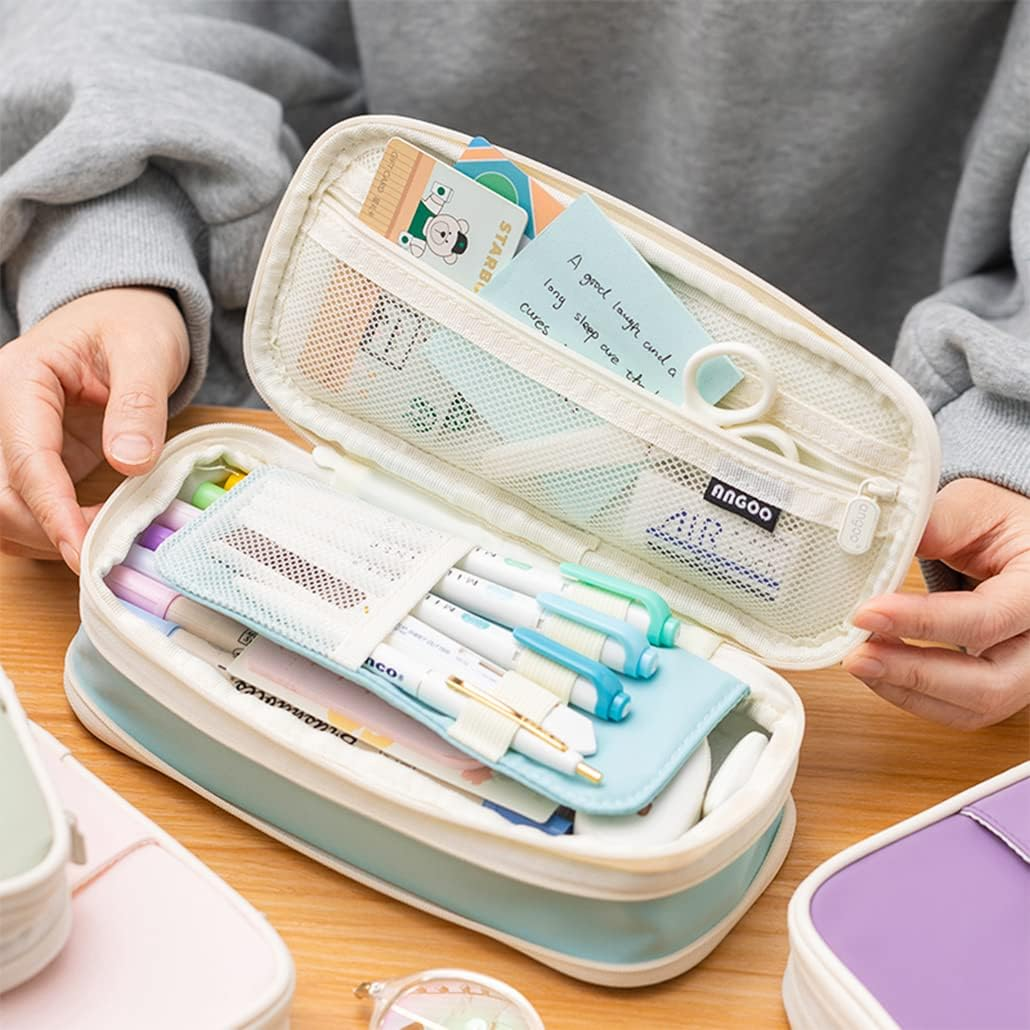 Isuperb Pencil Case Large Capacity Student Canvas Pencil Case Storage Bag Double Zipper Pencil Box for School, Light Blue, Modern