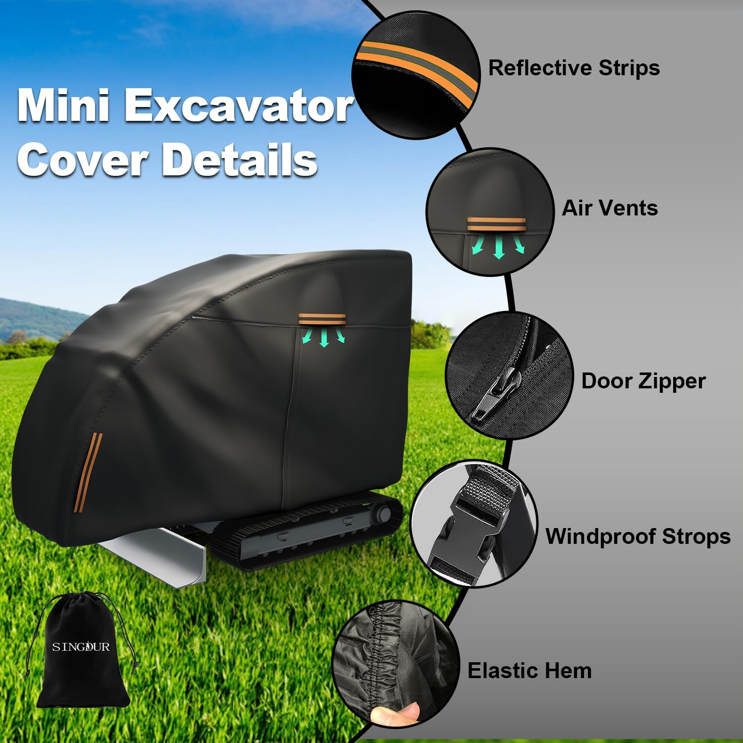 Mini Excavator Cover，Mini Excavator Covers Waterproof Heavy Duty for Bobcat/Kubota/John Deere 17 P/Takeuchi/Yanmar，600D Oxford Cloth Waterproof, UV Protection, Dustproof, Universal Cover image number 5