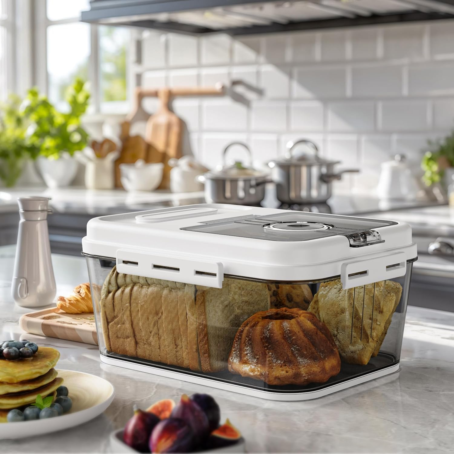Kitchen Countertop Bread Box, Airtight Storage Container with Time Recording Lid, White (Small) image number 5