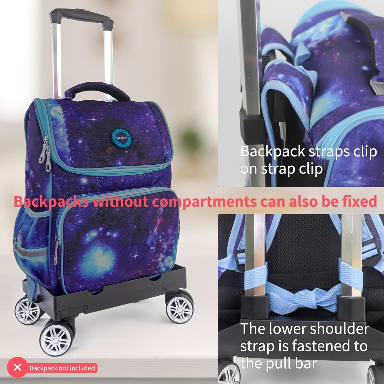 Backpack Trolley Wheeled Cart, Foldable Aluminium Alloy Hand Truck with Edge Guard Base, 4 Spinner Wheels, Luggage Cart with Luggage Strap for Teenagers, Adults, School,Luggage Trolley for Travel image number 5