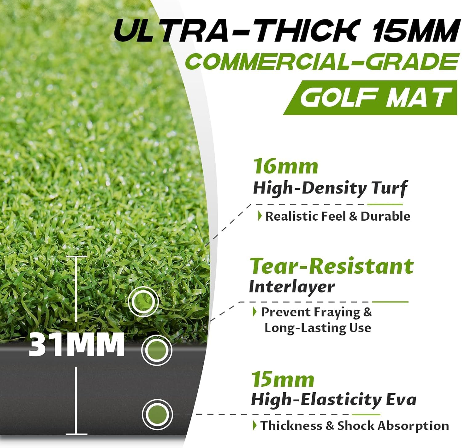Thickened Golf Mat, 1.5 M X 1 M Heavy-Duty Golf Hitting Mats Practice Outdoor/Indoor, Elite Dense Artificial Turf Matt Training Aid for Backyard/Garage/Driving Range/Simulators image number 2