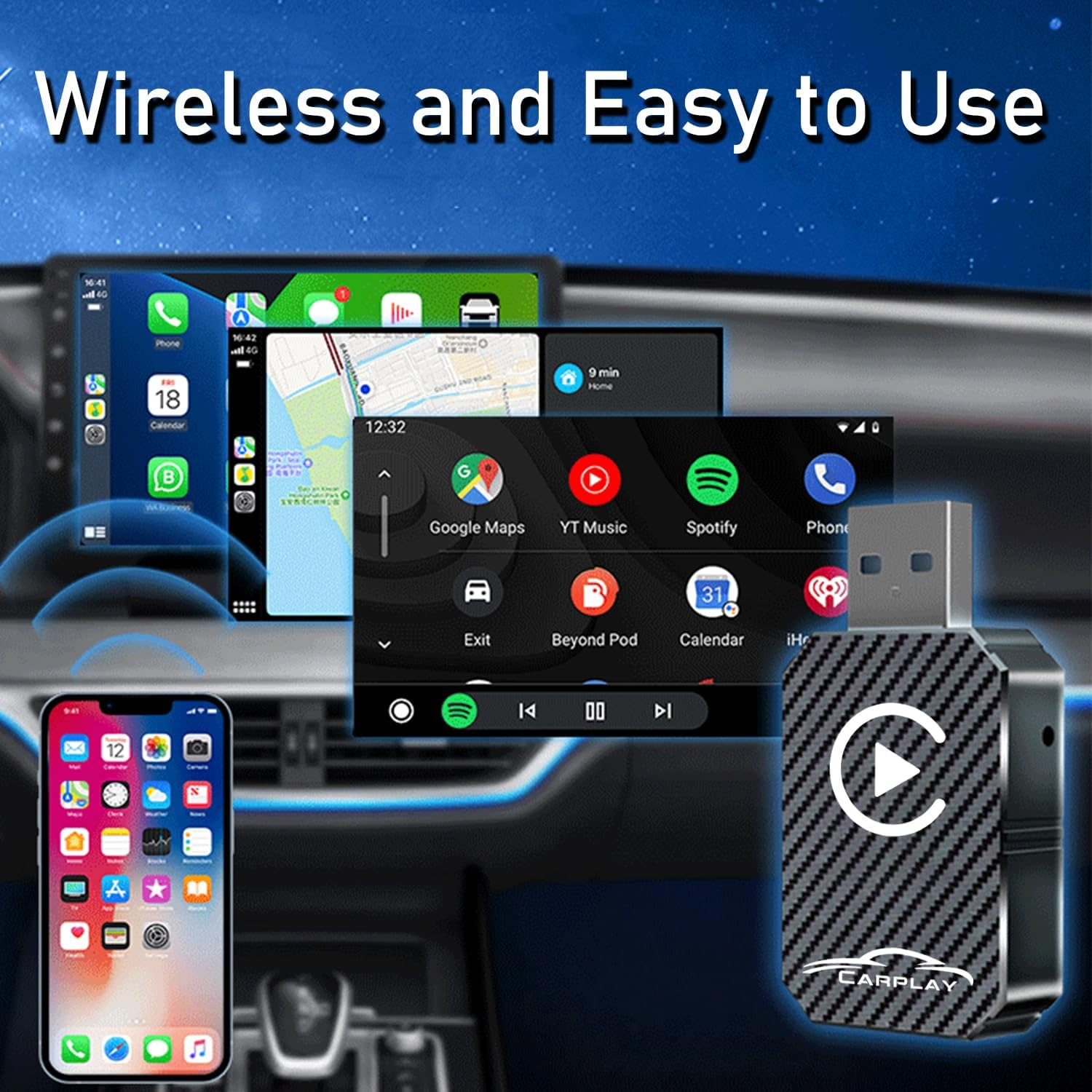 Wireless Carplay Adapter, Wireless Carplay Dongle, Plug and Play Adapter, Compatible with Cars from 2016 & Iphone Ios 12+（Black） image number 3