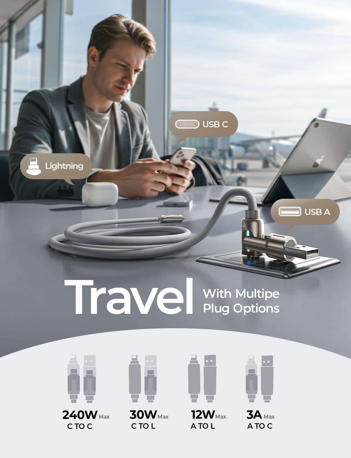 LISEN USB C to USB C Cable [2M 240W] 4 in 1 USB C to Lightning Fast Charging Cable Chubby Type C/A to C/Lightning Cable for Iphone 16E 16 15 14 Pro/Macbook/Ipad/ S25/ Multi Chargers for All Devices image number 3