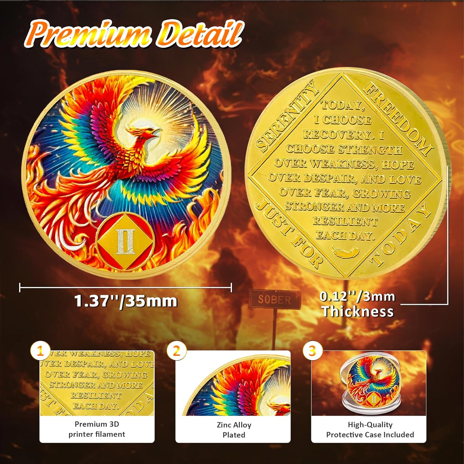 Sunlight Phoenix 2 Year Na Medallions - Reborn from Fire Sobriety Coin - Recovery Addiction NA AA Chips and Medallions - Celebrate Living Clean Affirmation Narcotics Anonymous Gifts for Men Women image number 3