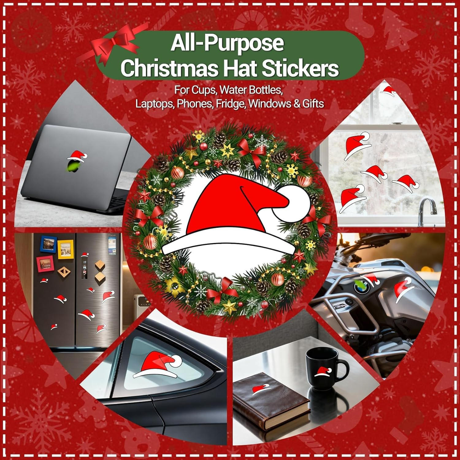 7PCS Waterproof Santa Hat Christmas Stickers for Tesla, Vinyl Car Decals for Toyota, Honda, Ford, BMW & More, Automotive Decals for Water Bottles, Wall, Laptop, Window, Christmas Decoration & Gift image number 5