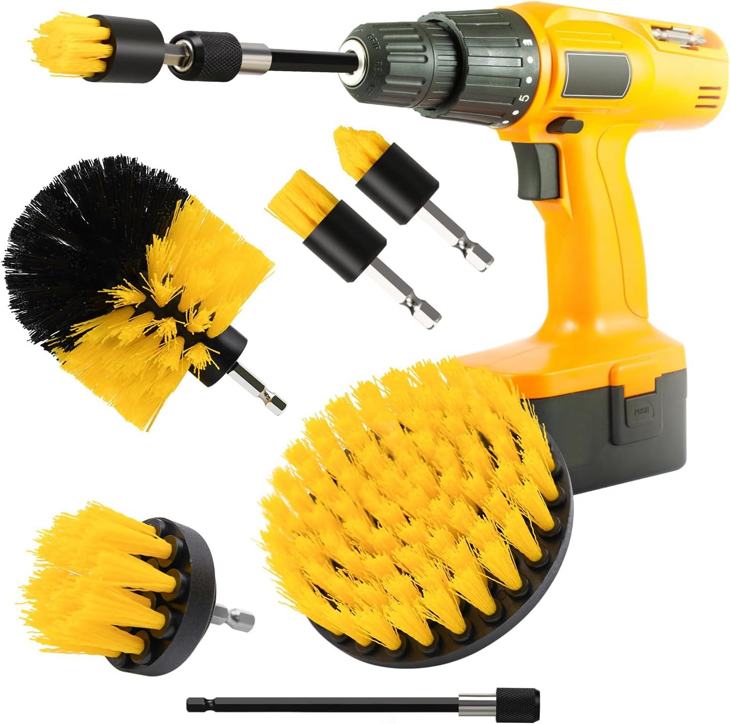 Mini Drill Brush Attachment Set, Includes 2 Tapered Brushes & 2 Flat Brushes, 1 Extension Rod, Small Corner Brush for Detailing Deep Cleaning(5Pcs)