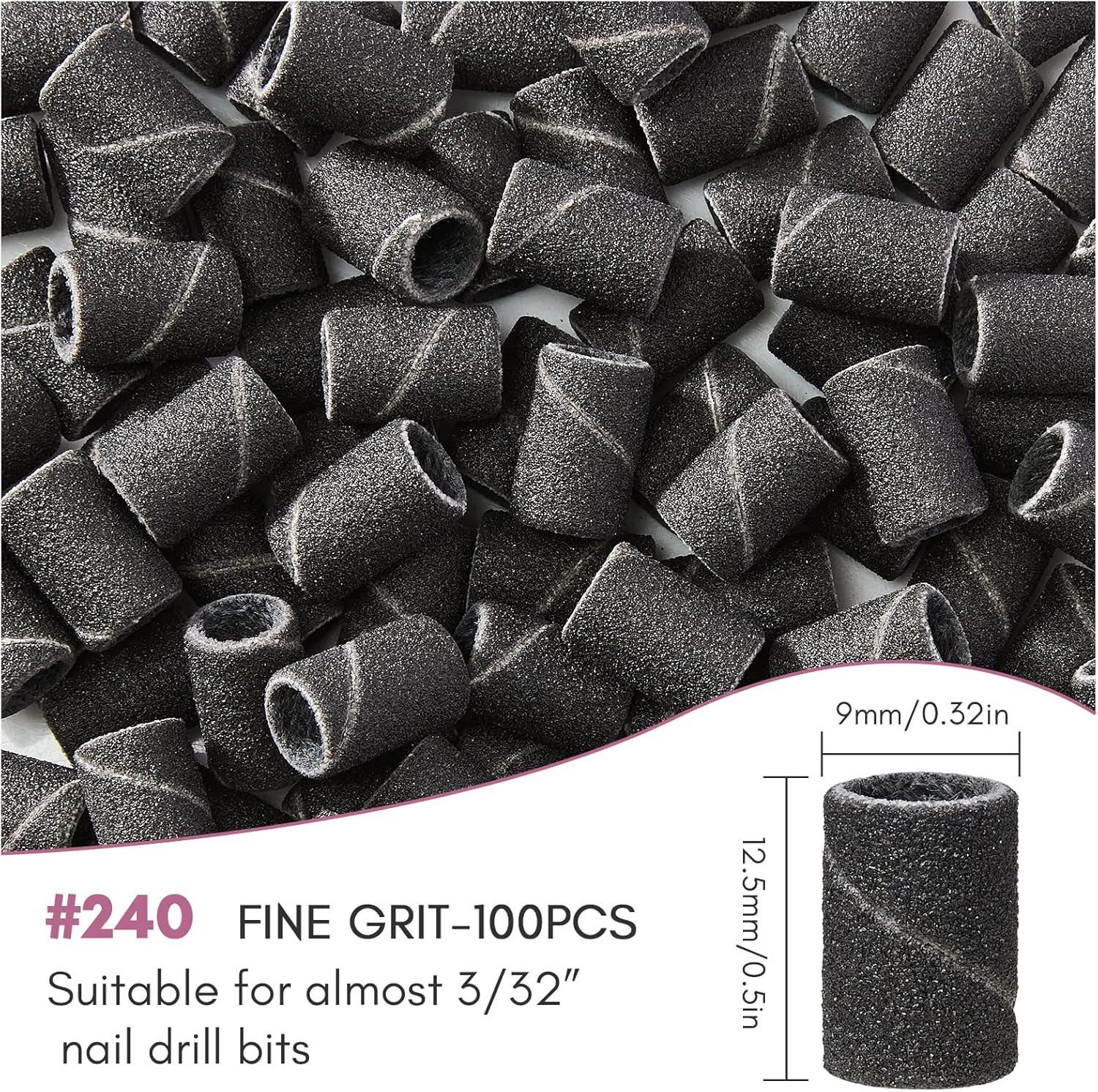 Makartt Sanding Bands for Nail Drill - 100 Pcs #240 Fine Grits Nail File Sanding Bands for Drill Bits, Nail Prep Smooth Polish, Upgrade Thicker Durable Sanding Drill Bit for Acrylic Nails Gel, Black image number 1