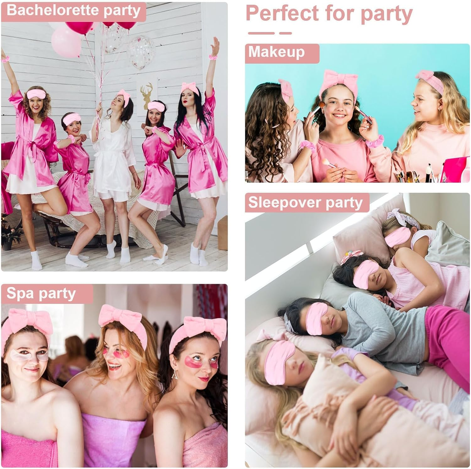 18 Pcs Sleepover Party Supplies for Girls - Pink Party Favors Include 6 Spa Headband, 6 Silk Eye Mask and 6 Velvet Scrunchies for Spa Birthday, Bachelorette, Slumber (Pink) image number 6