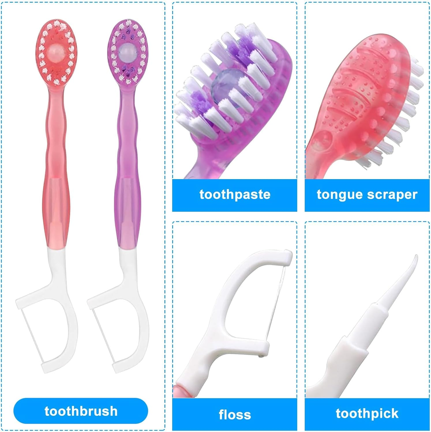 26Pcs 5 in 1 Mini Brushes-Disposable Toothbrushes with Toothpaste & Floss & Pick & Tongue Scraper,Portable Travel Toothbrush(Individually Wrapped),Disposable Travel Toothbrush Set for Kids Adult image number 5
