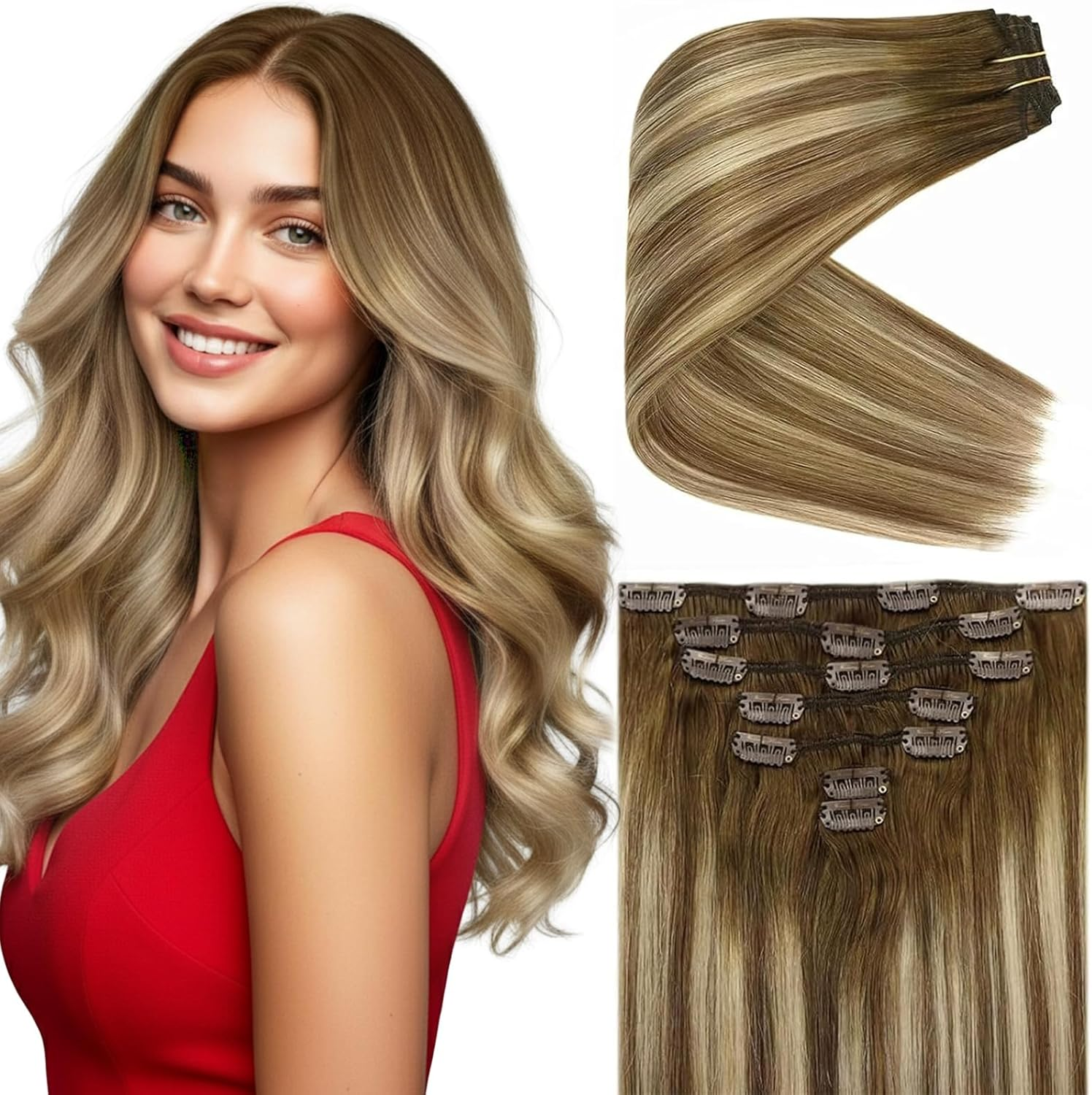 Vesunny 16Inch Clip in Ombre Blonde Hair Extensions Balayage Color #8 Light Brown Fading to #22 Blonde Mix Brown Full Head Clip in Hair Extensions Thick Human Hair 7Pcs/120G