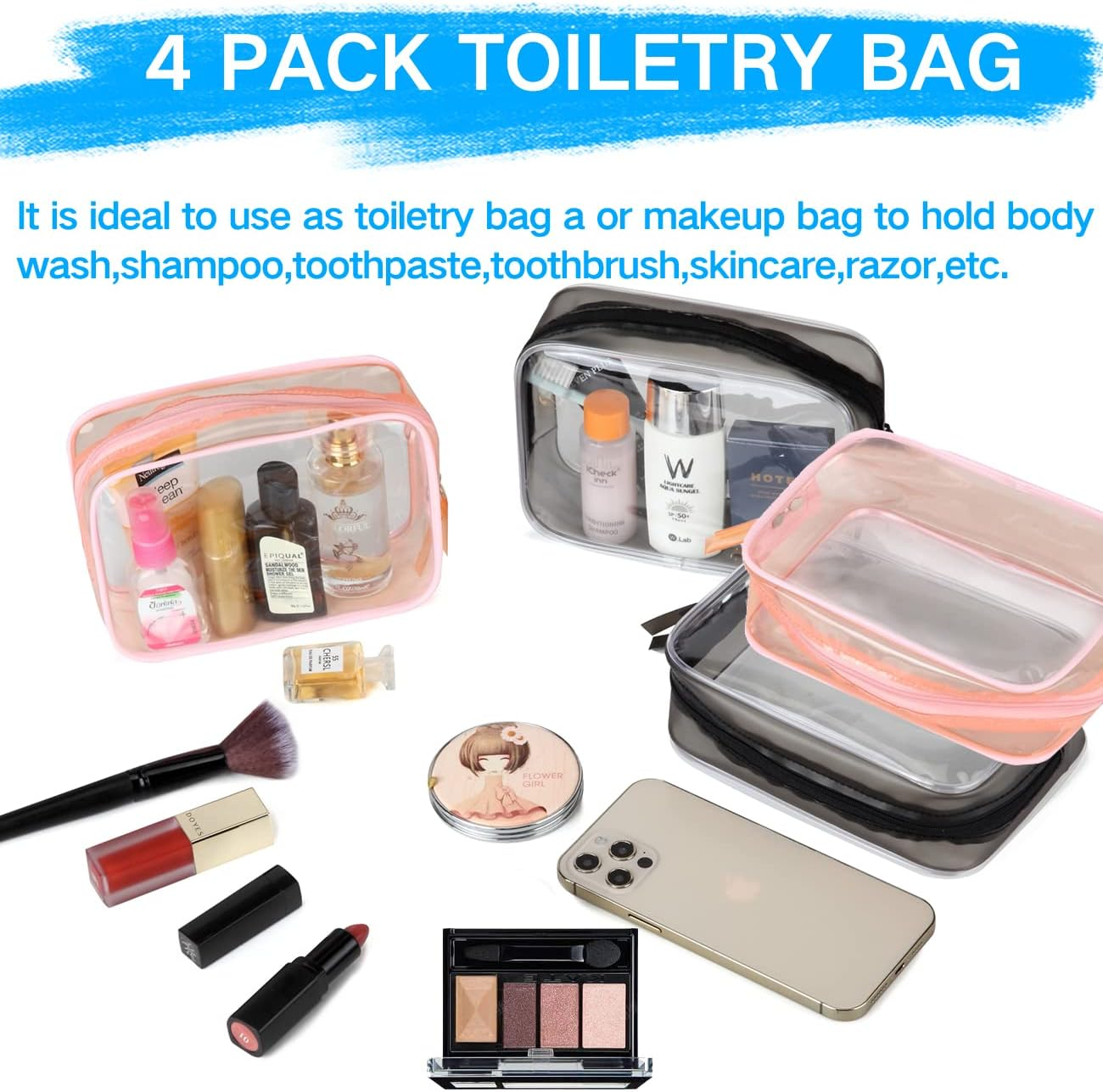 TSA Toiletry Bag, VASCHY 4 Pack Clear Makeup Bag Water Resistant Cosmetic Bag, Airline Carry on Travel Bag for Men and Women, Transparent Wash Bag, Black-Pink - Black-Pink-Blue-Green, 4 Pack image number 2